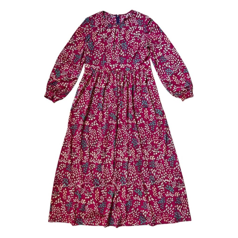 70s vintage floral hippy dress maxi puff balloon sleeve abstract retro pattern.